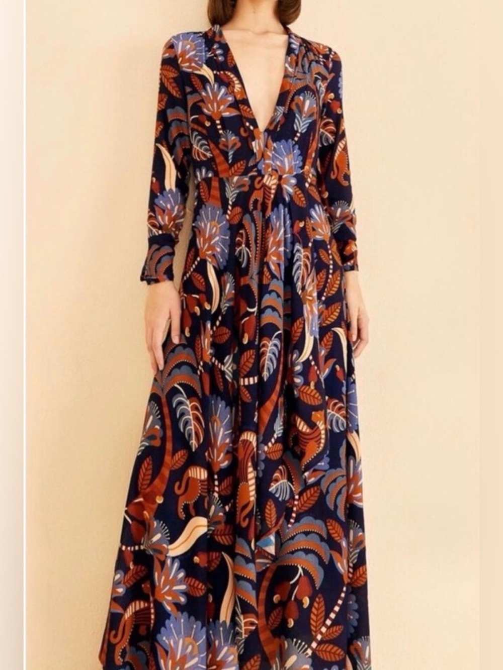 Farm Rio Blue Nature Beauty Long Sleeve V-Neck Maxi Dress size S